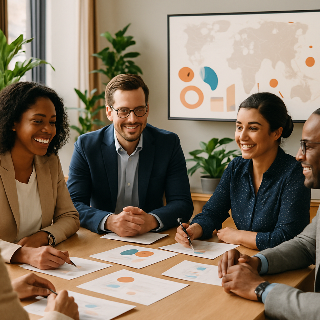 Generate a highly realistic and warm corporate scene illustrating modern Learning  Development governance in international and complex organizationsSh-1